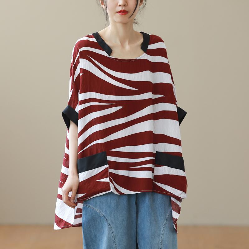 Women Loose Stripe Casual Fashion Cotton Linen T-Shirt July 2021 New-Arrival Red 