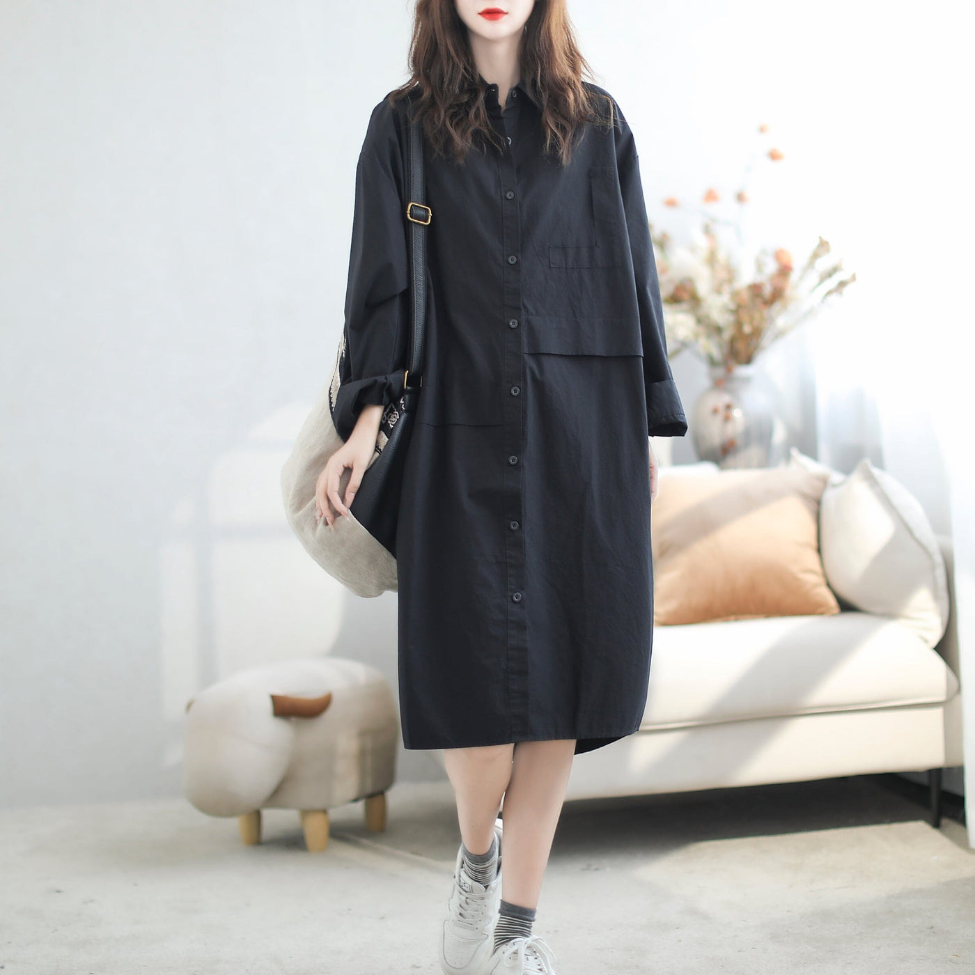 Women Minimalist Casual Loose Cotton Dress Sep 2023 New Arrival One Size Black 