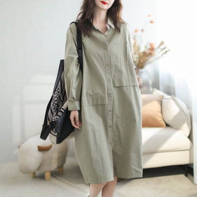 Women Minimalist Casual Loose Cotton Dress Sep 2023 New Arrival One Size Light Green 