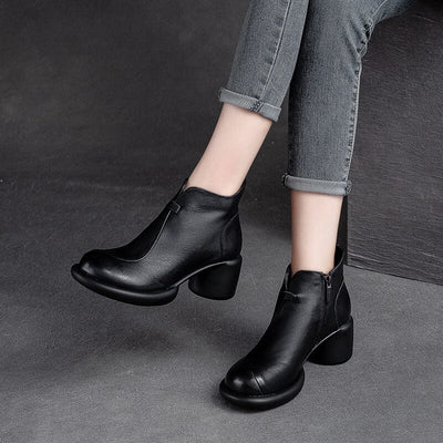 Women Minimalist Retro Leather Chunky Heel Boots