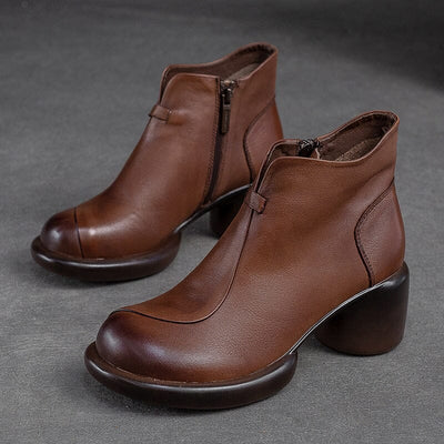Women Minimalist Retro Leather Chunky Heel Boots