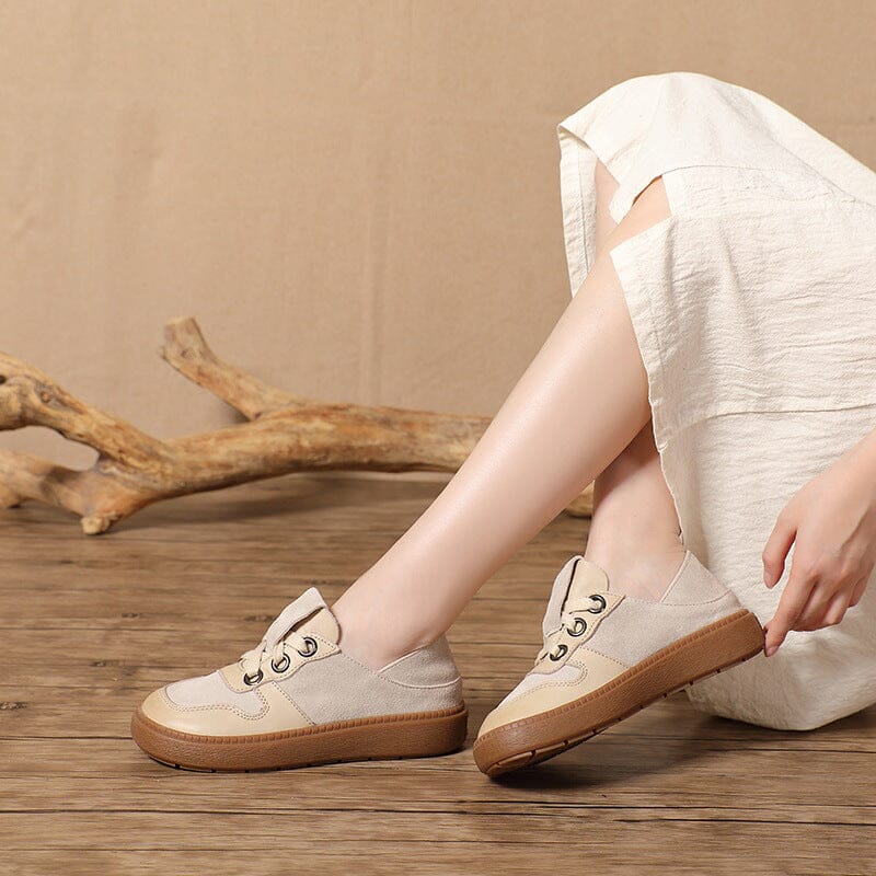 Women Patchwork Leather Flat Casual Shoes Mar 2023 New Arrival Beige 35 