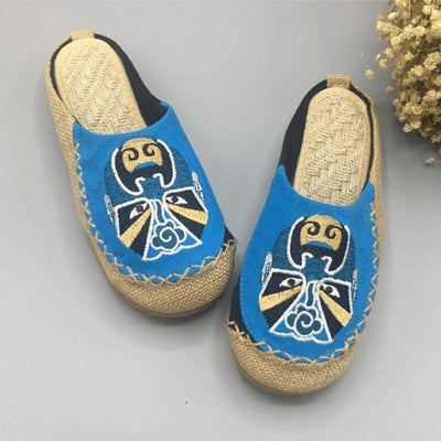 Women Peking Opera Facial Embroidered Casual Flats Home Slippers 2019 Jun New 35 Blue 