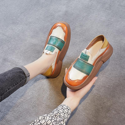 Women Platform Leather Retro Color Matching Casual Shoes