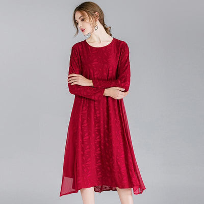 Women Plus Size Devore Cotton Solid Lace Long Sleeve Dress