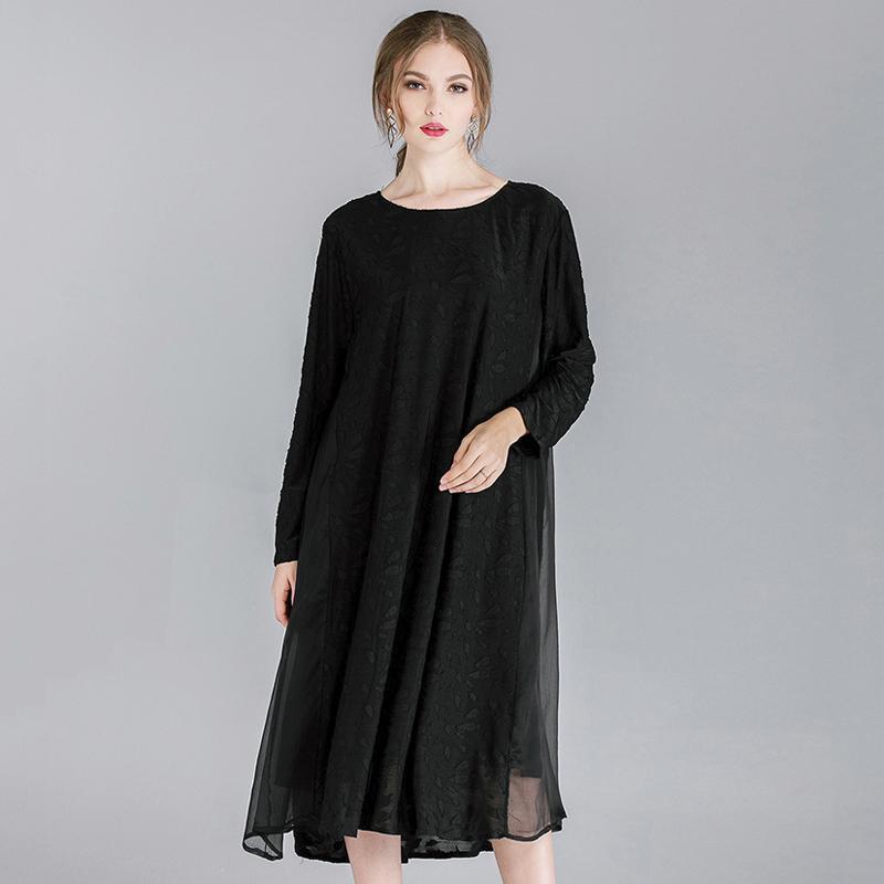 Women Plus Size Devore Cotton Solid Lace Long Sleeve Dress