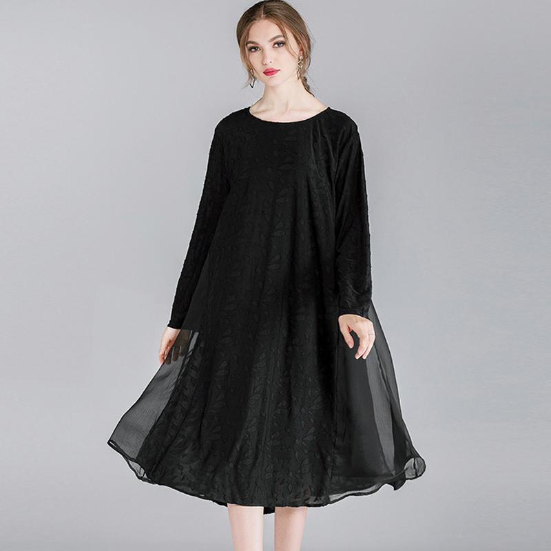 Women Plus Size Devore Cotton Solid Lace Long Sleeve Dress 2019 May New XL Black 