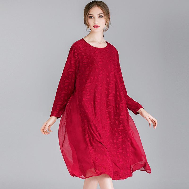 Women Plus Size Devore Cotton Solid Lace Long Sleeve Dress 2019 May New XL Wine Red 