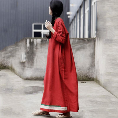 Women Red Paneled Stripes Casual Maxi Long Sleeve Dress