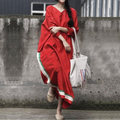 Women Red Paneled Stripes Casual Maxi Long Sleeve Dress 2019 April New One Size Red 