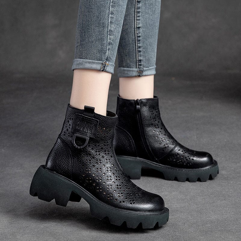 Women Reto Hollow Leather Lug Sole Summer Boots
