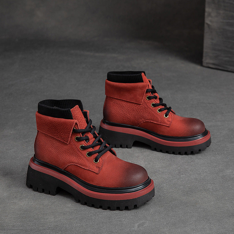 Women Retro Autumn Leather Casual Boots Sep 2022 New Arrival Red 35 