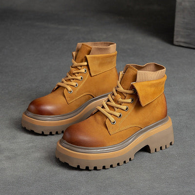 Women Retro Autumn Leather Casual Boots Sep 2022 New Arrival Yellow 35 