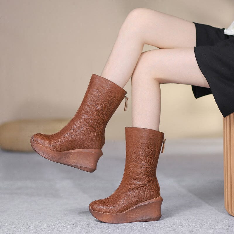 Women Retro Autumn Leather Wedge Boots