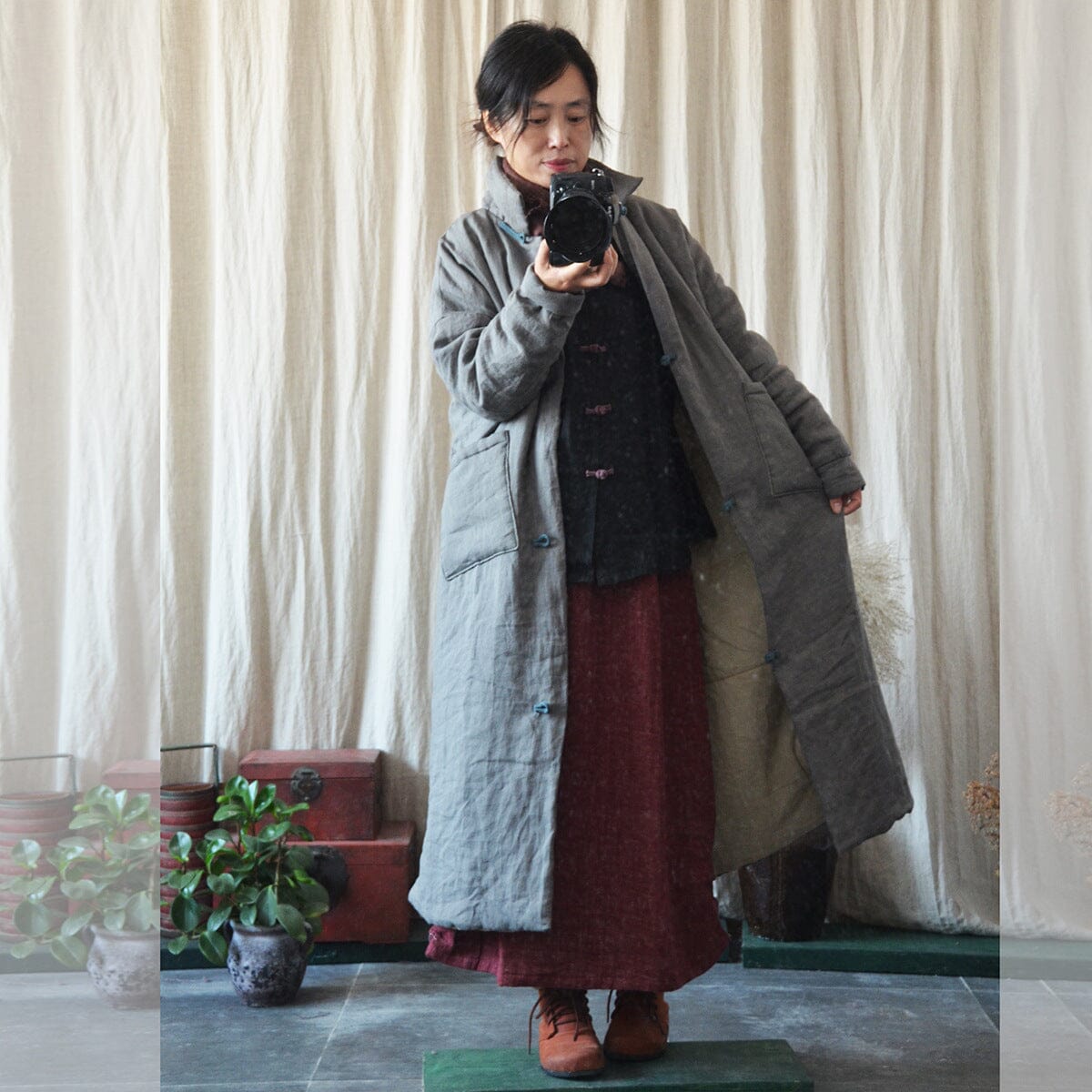 Women Retro Autumn Loose Linen Overcoat