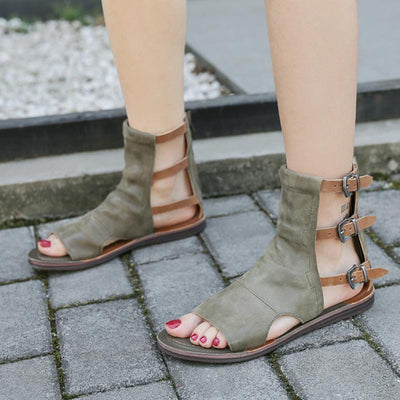 Women Retro Belts Buckle Flats Open Toe Causal Sandals 34-40 2019 May New 34 Army Green 