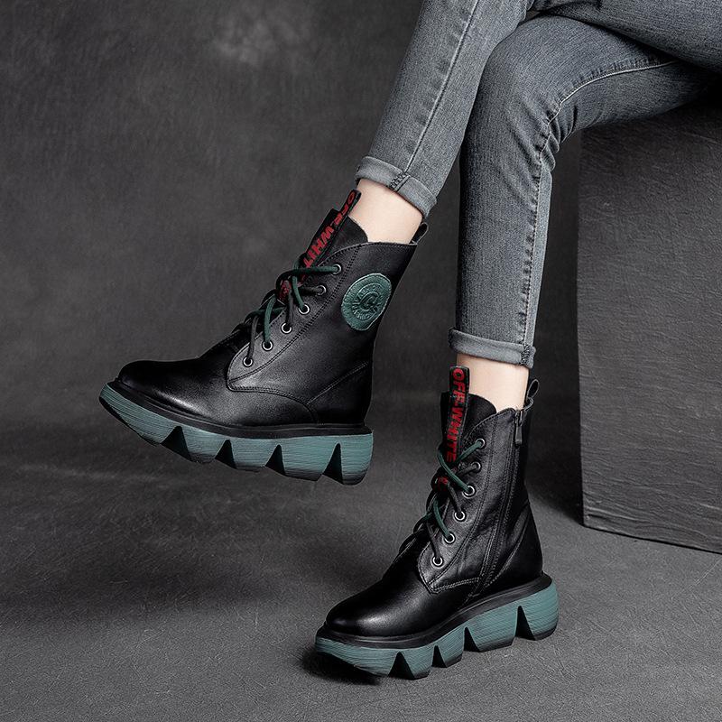 Women Retro Casual Leather Gear Shaped Boots July 2021 New-Arrival 35 Black 