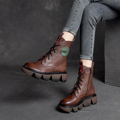 Women Retro Casual Leather Gear Shaped Boots July 2021 New-Arrival 35 Brown 