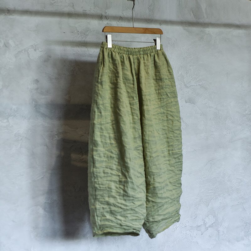Women Retro Casual Linen Plaited Wide Leg Pants Jul 2023 New Arrival Green One Size 