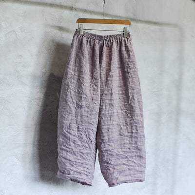 Women Retro Casual Linen Plaited Wide Leg Pants Jul 2023 New Arrival Purple One Size 