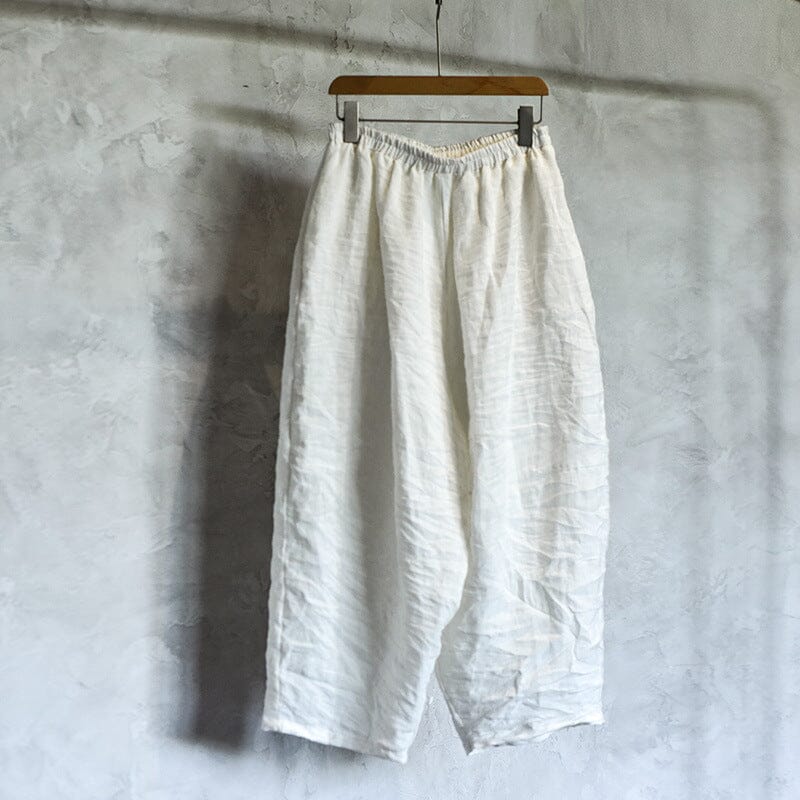 Women Retro Casual Linen Plaited Wide Leg Pants Jul 2023 New Arrival White One Size 