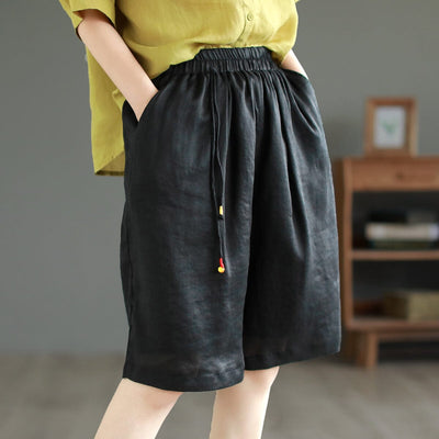 Women Retro Casual Loose Linen Shorts May 2023 New Arrival One Size Black 
