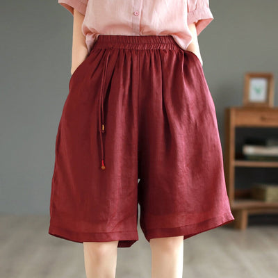 Women Retro Casual Loose Linen Shorts May 2023 New Arrival One Size Red 