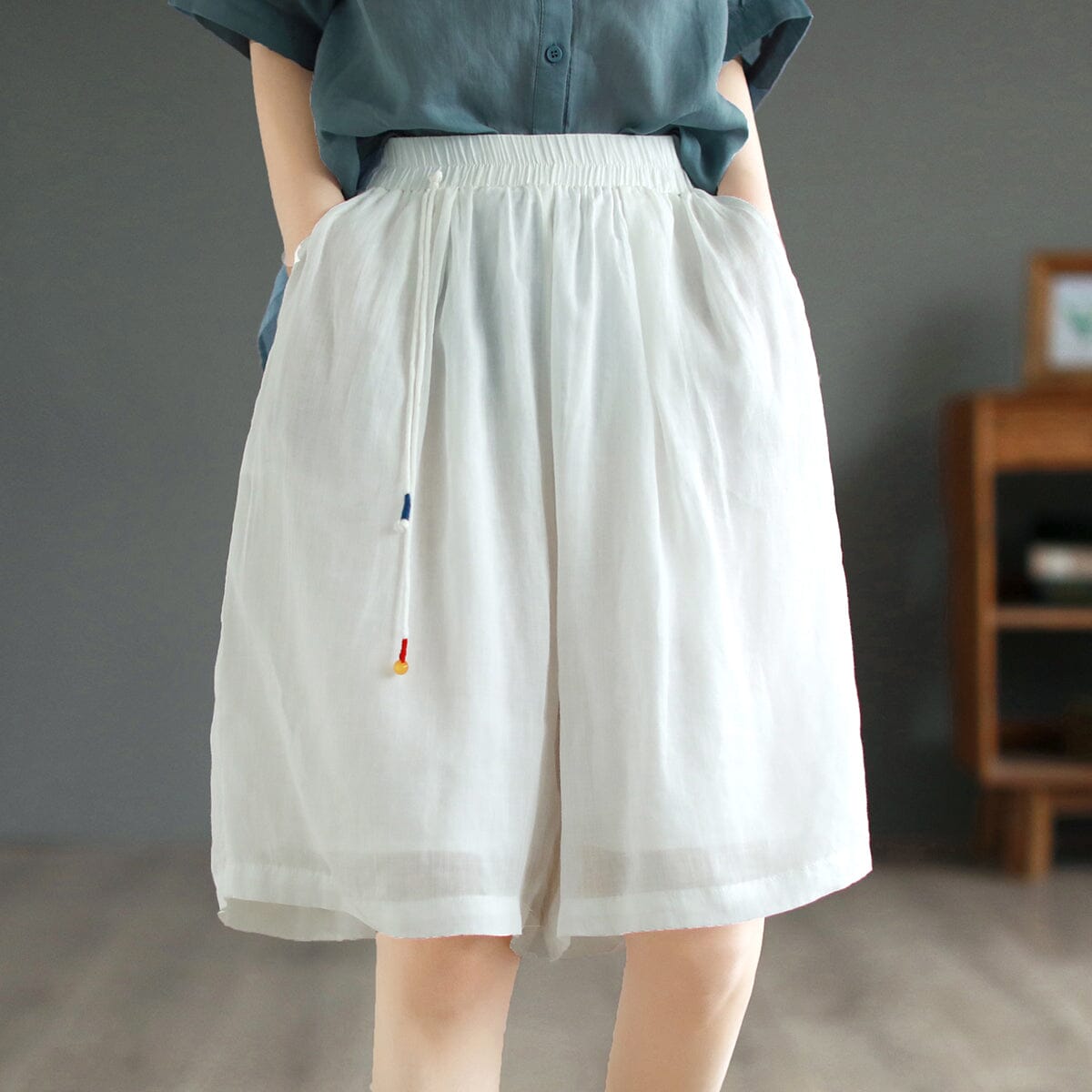 Women Retro Casual Loose Linen Shorts May 2023 New Arrival One Size White 