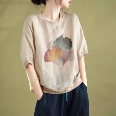 Women Retro Casual Loose Linen T-Shirt Jul 2023 New Arrival Apricot One Size 