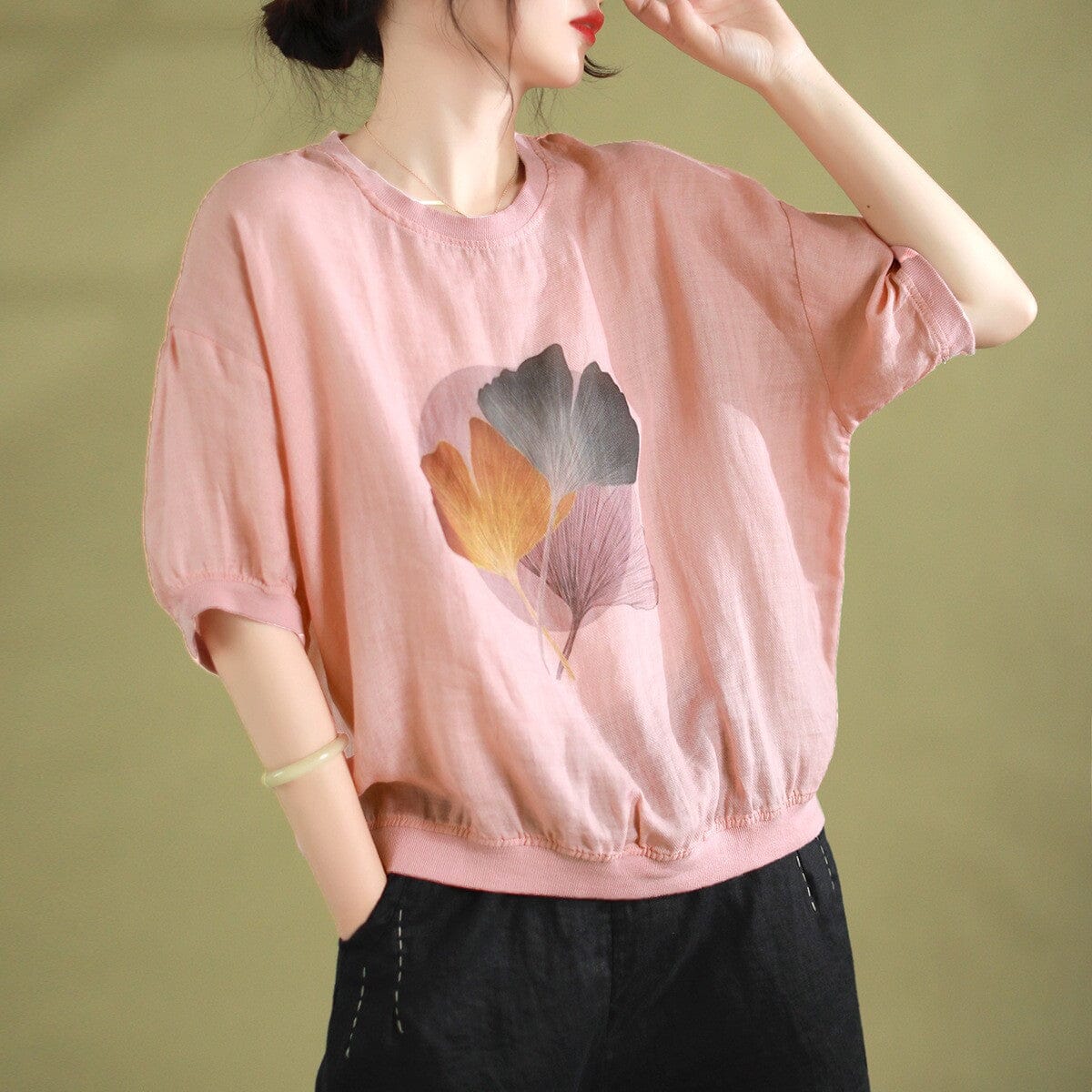 Women Retro Casual Loose Linen T-Shirt Jul 2023 New Arrival Pink One Size 