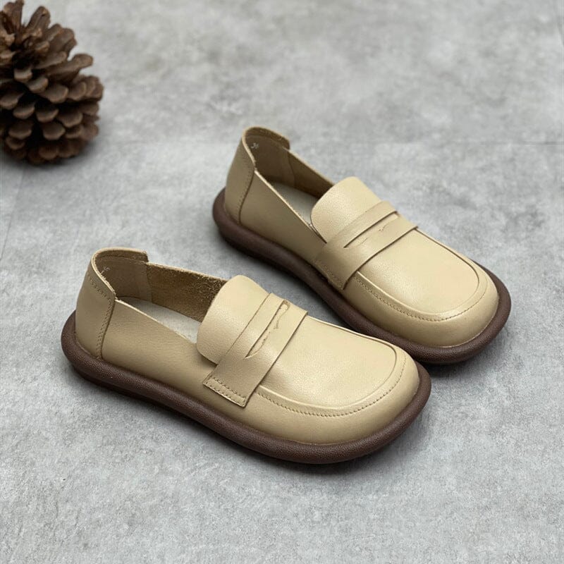 Women Retro Casual Soft Leather Flat Loafers Jul 2023 New Arrival Beige 35 