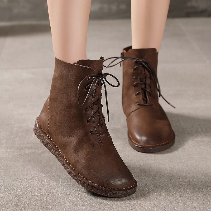 Women Retro Casual Solid Leather Flat Boots