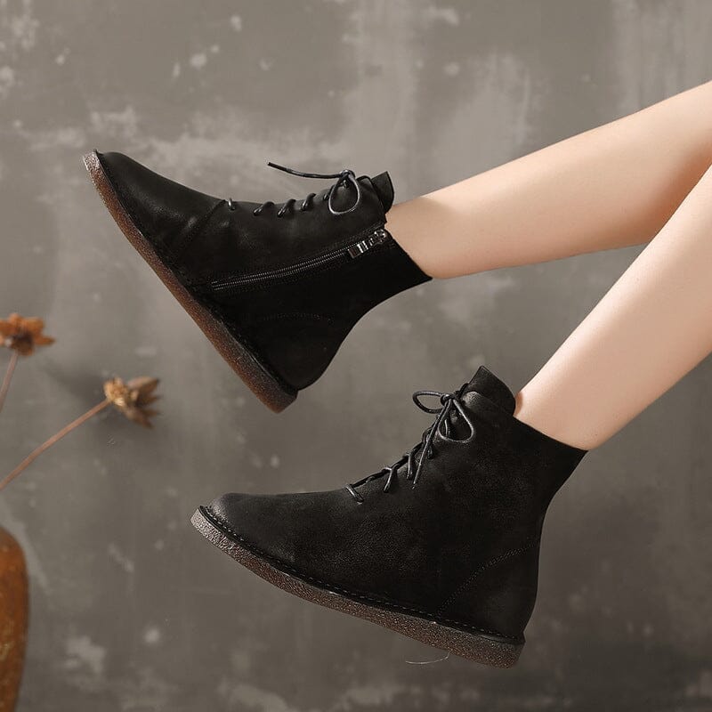 Women Retro Casual Solid Leather Flat Boots