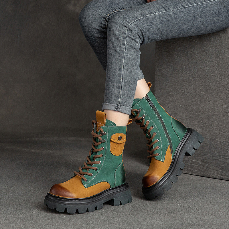 Women Retro Color Matching Patchwork Leather Boots Oct 2022 New Arrival 