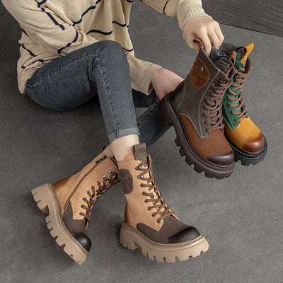 Women Retro Color Matching Patchwork Leather Boots Oct 2022 New Arrival 