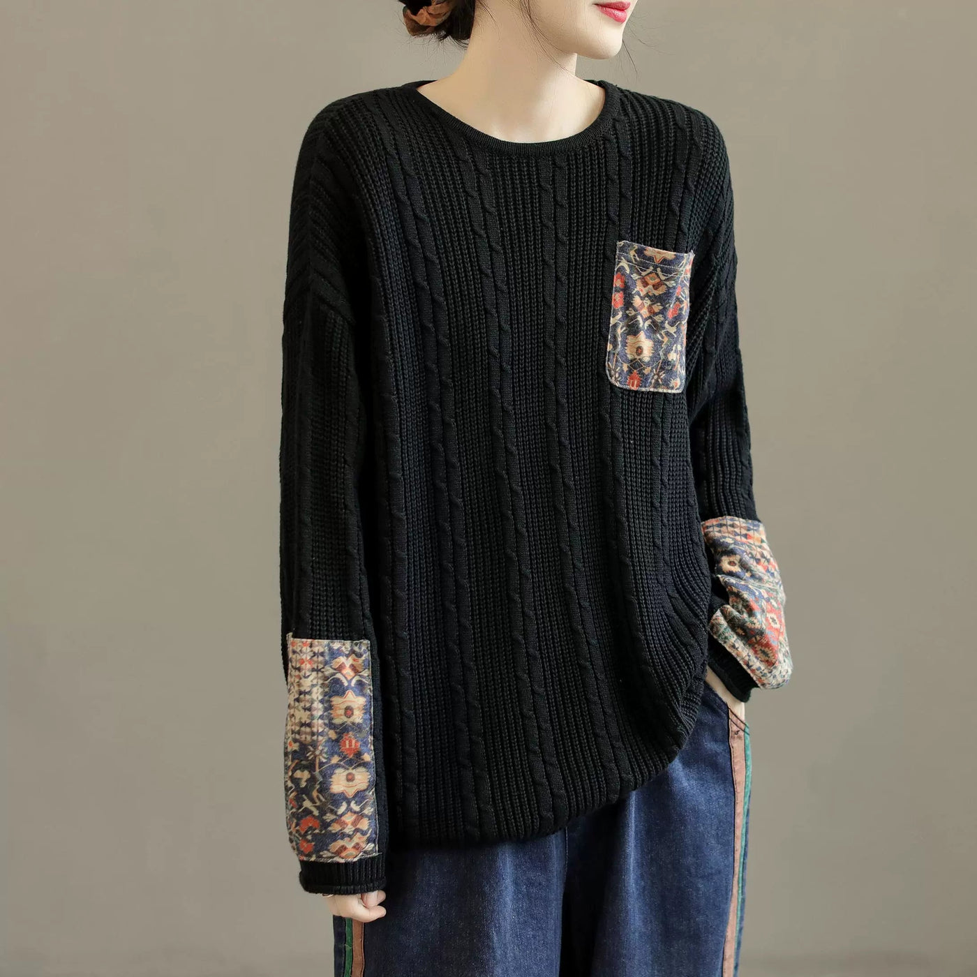 Women Retro Cotton Knitted Autumn Pullover Sweater Sep 2022 New Arrival One Size Black 