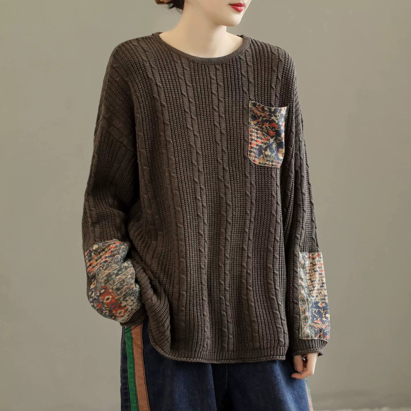 Women Retro Cotton Knitted Autumn Pullover Sweater