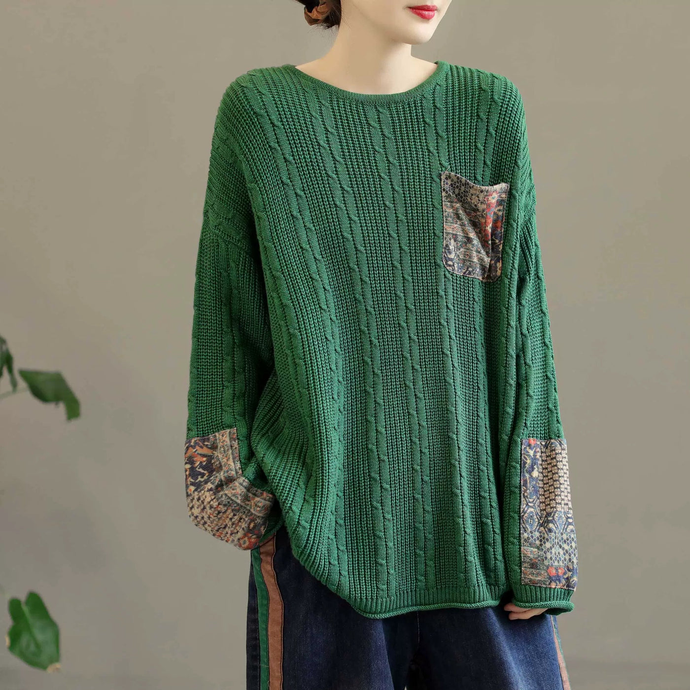 Women Retro Cotton Knitted Autumn Pullover Sweater Sep 2022 New Arrival One Size Green 