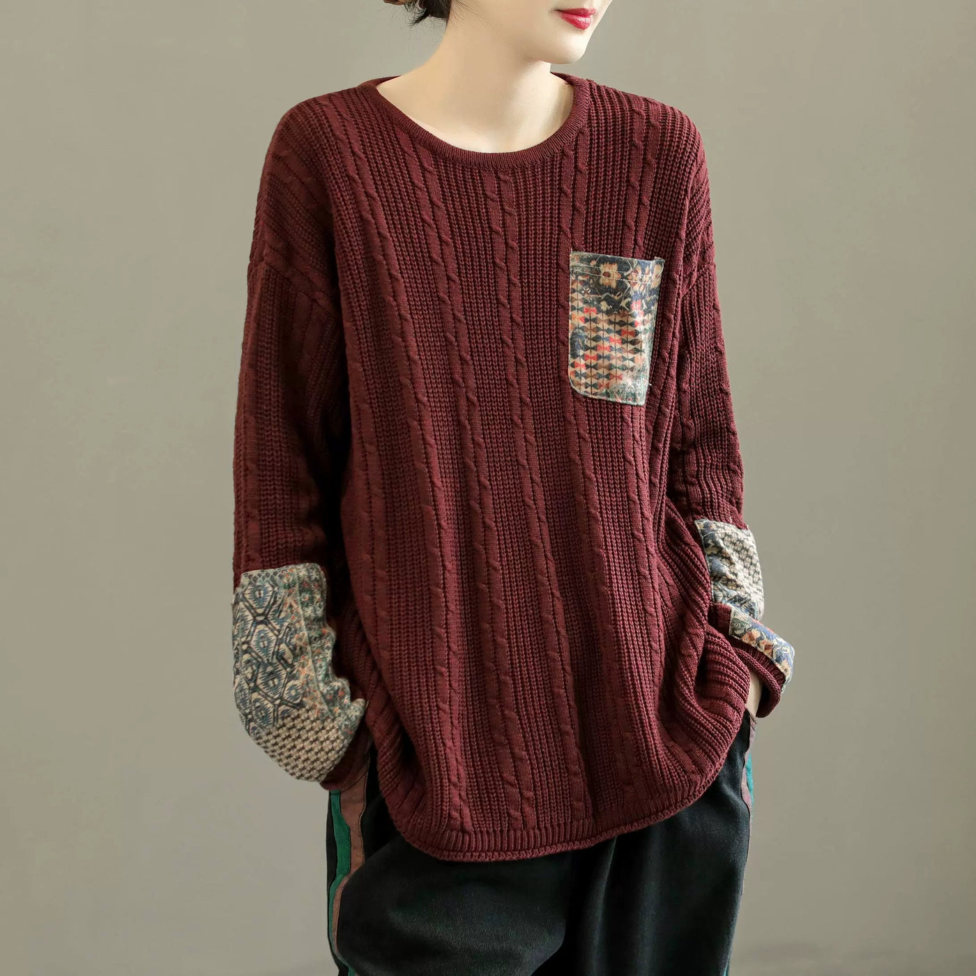 Women Retro Cotton Knitted Autumn Pullover Sweater Sep 2022 New Arrival One Size Wine Red 