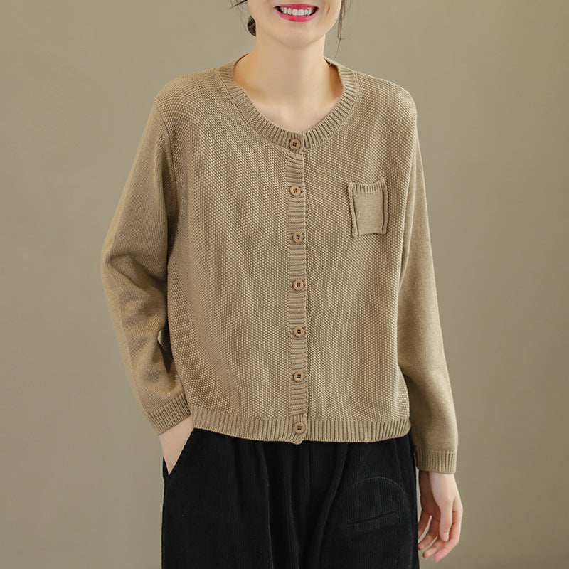 Women Retro Cotton Knitted Casual Solid Cardigan