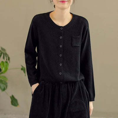 Women Retro Cotton Knitted Casual Solid Cardigan