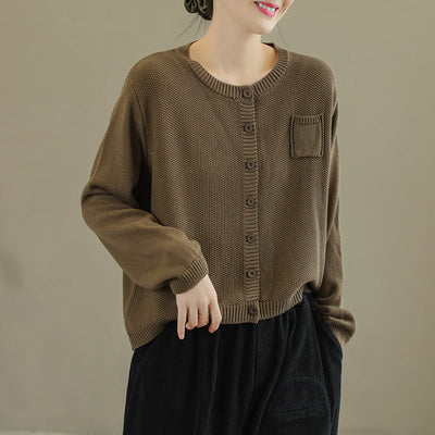 Women Retro Cotton Knitted Casual Solid Cardigan Sep 2022 New Arrival One Size Dark Khaki 