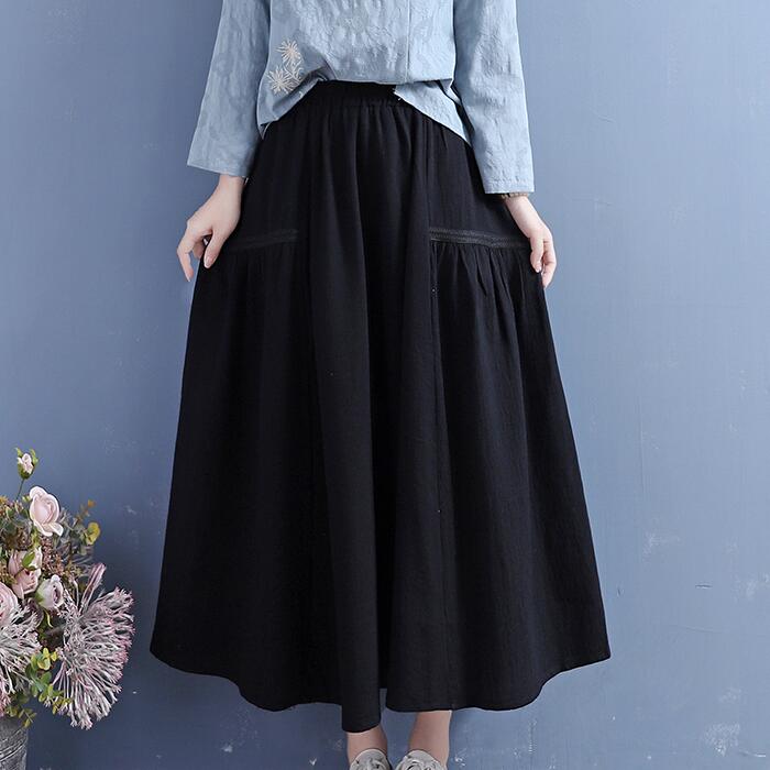 Women Retro Cotton Linen Autumn Pleated Skirt Aug 2022 New Arrival One Size Black 