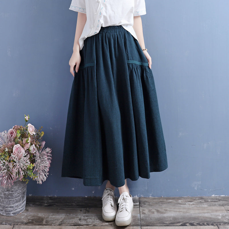 Women Retro Cotton Linen Autumn Pleated Skirt Aug 2022 New Arrival One Size Dark Green 