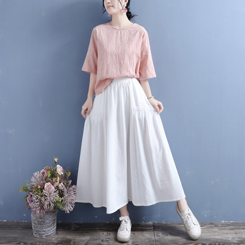 Women Retro Cotton Linen Autumn Pleated Skirt Aug 2022 New Arrival One Size White 