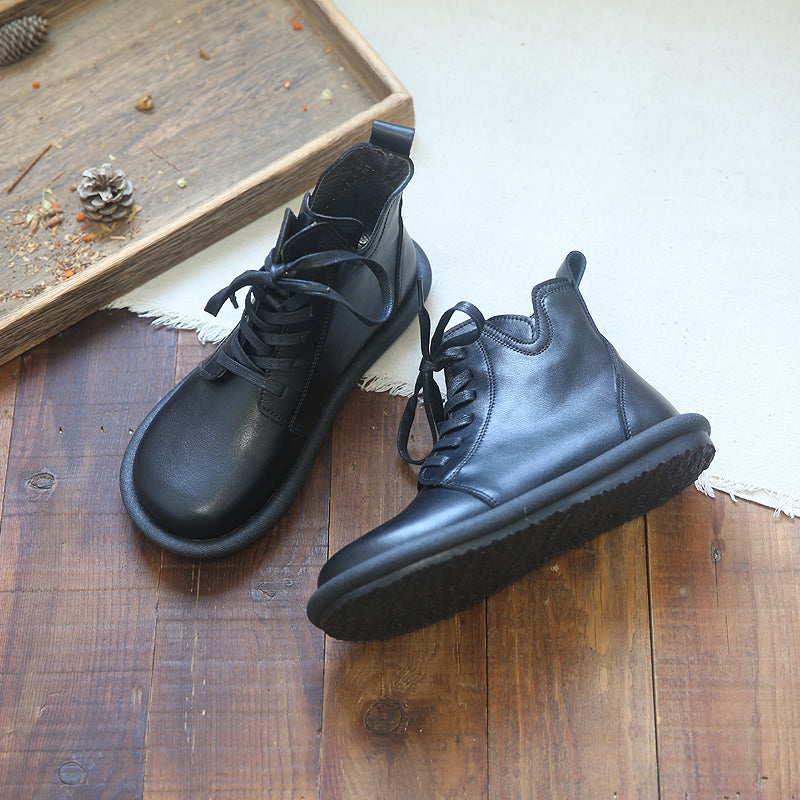 Women Retro Cowhide Leather Soft Flat Boots Aug 2022 New Arrival 35 Black (Fur) 