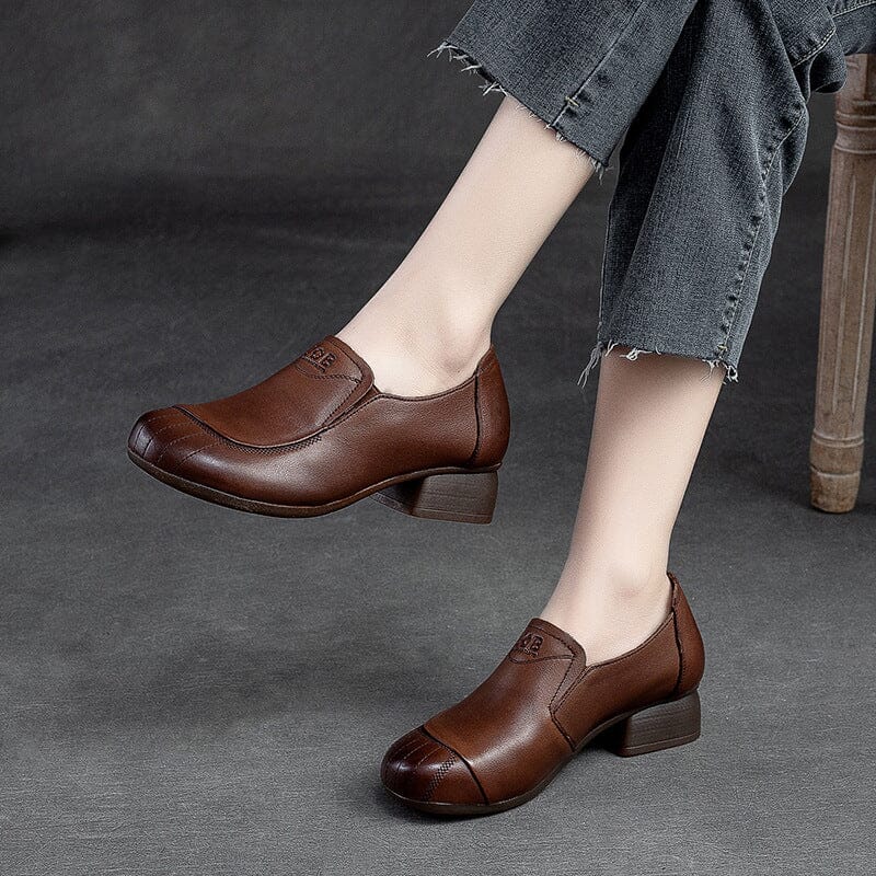 Women Retro Cowhide Leather Wedge Casual Shoes