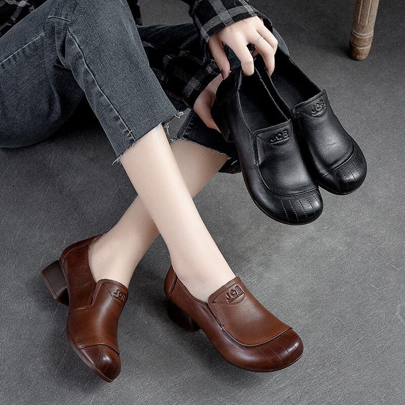 Women Retro Cowhide Leather Wedge Casual Shoes