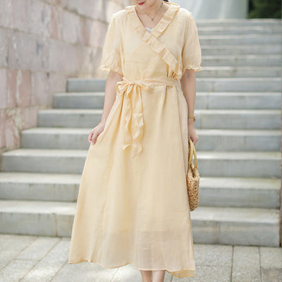 Women Retro Elegant Linen Summer Dress
