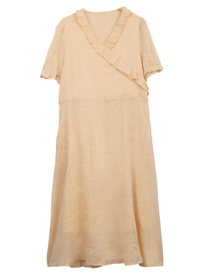 Women Retro Elegant Linen Summer Dress Aug 2022 New Arrival One Size Apricot 